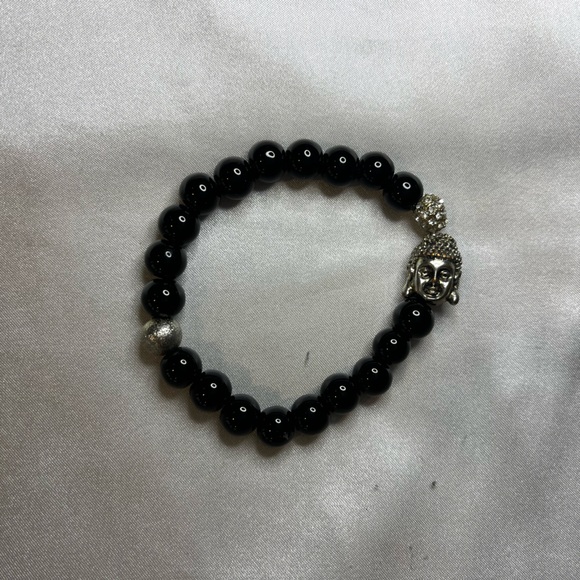 Jet black beaded bracelet, with Buddha accent bead - Picture 1 of 1